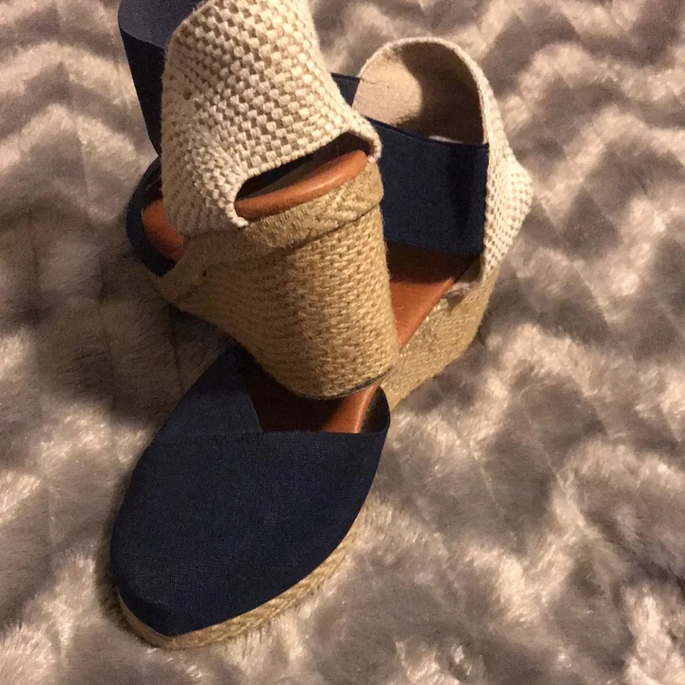 Andre Assous Navy and Cream Espadrille Wedge Sandals